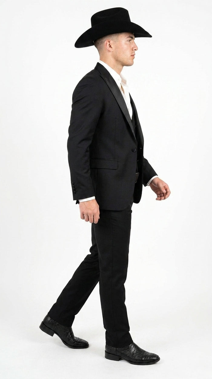 Men’s Black Western Tuxedo Suit – Satin Shawl Lapel Jacket with Double-Breasted Vest and Pants