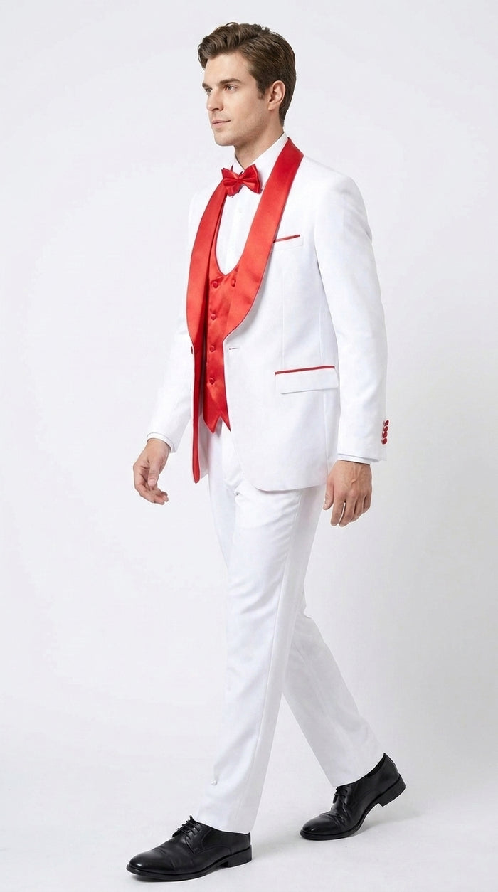 Men’s White and Red 3-Piece Tuxedo – One-Button Shawl Lapel Wedding, Prom and Formal Suit with Vest