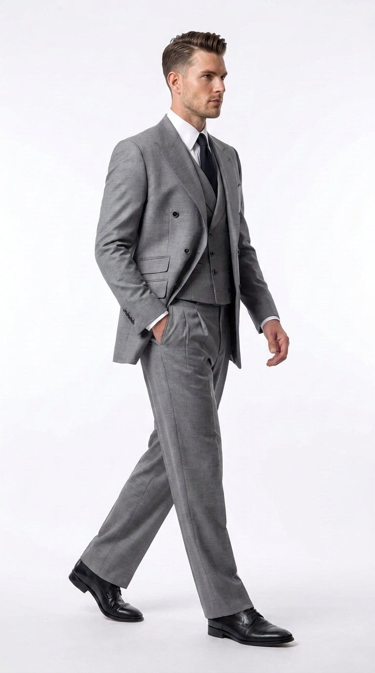 Tiglio Rosso Men’s Gray Super 150’s Italian Wool 3-Piece Suit – Double-Breasted Jacket, Vest and Wide-Leg Pants