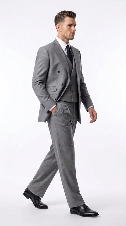 Tiglio Rosso Men’s Gray Super 150’s Italian Wool 3-Piece Suit – Double-Breasted Jacket, Vest and Wide-Leg Pants