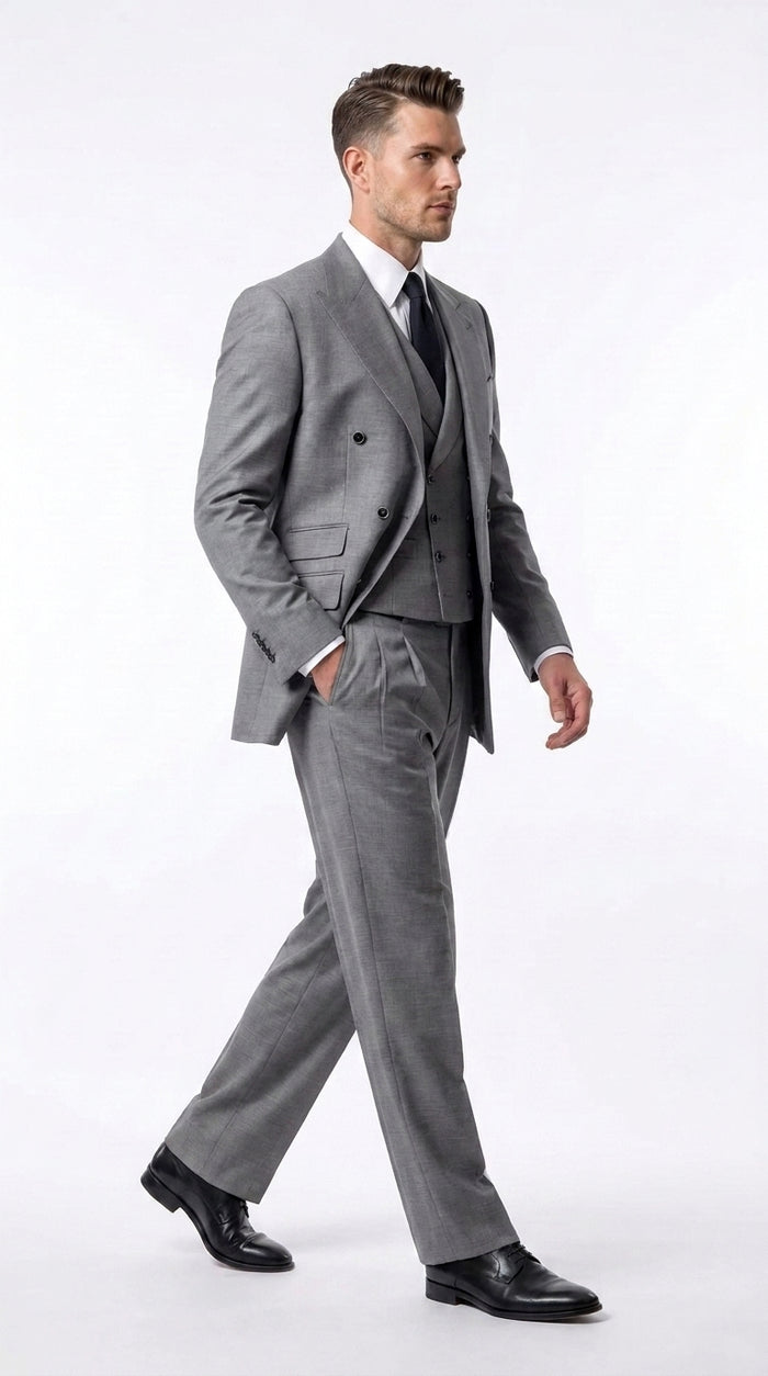 Tiglio Rosso Men’s Gray Super 150’s Italian Wool 3-Piece Suit – Double-Breasted Jacket, Vest and Wide-Leg Pants