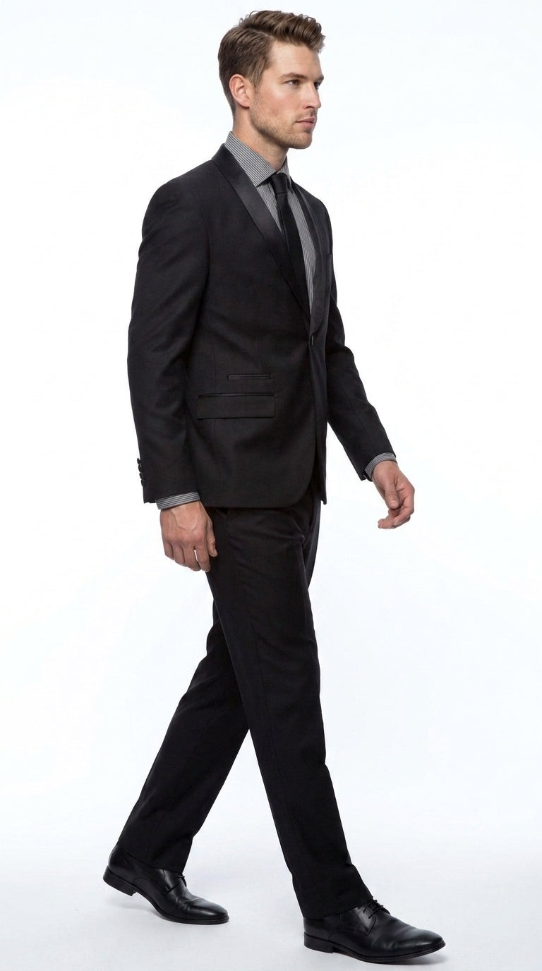 Men’s Black 1-Button Shawl Lapel Tuxedo – Wedding, Prom and Formal 2-Piece Suit