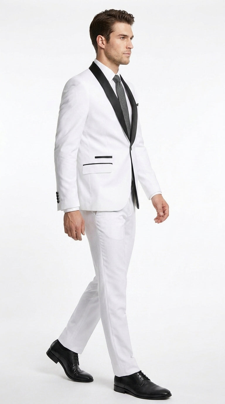 Men’s White 1-Button Shawl Lapel Tuxedo Jacket – Black Trim Wedding, Prom and Formal Dinner Blazer