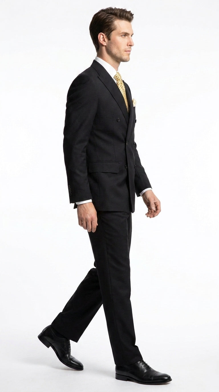 Men’s Black 100% Wool Double-Breasted Suit – Classic Business, Wedding and Formal Suit