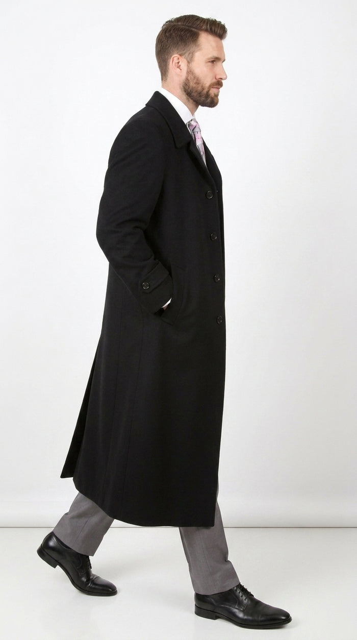 Men’s Black 100% Wool Gabardine Full-Length Overcoat – Wide Lapel Formal Top Coat