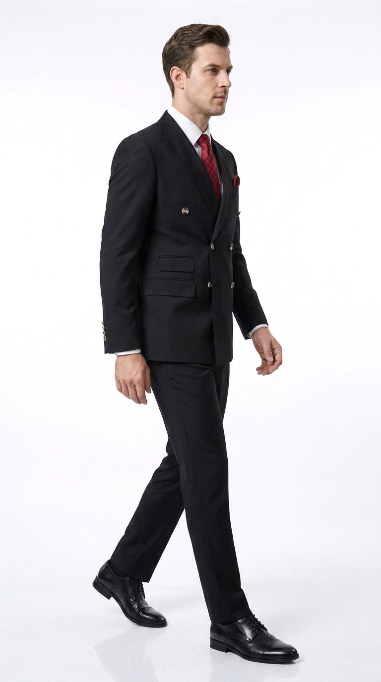 Men’s Black Classic Wool Double-Breasted Suit – Peak Lapel Wedding, Business and Formal Suit