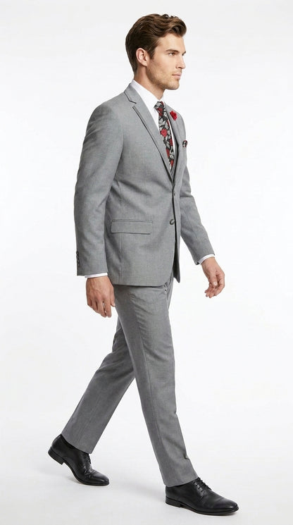 Men’s Grey Trim Tuxedo Suit – Vested Wedding, Prom and Formal Suit with Black Lapel Accents