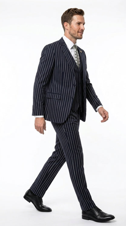 Men’s 3-Piece Gangster Pinstripe Suit – 2-Button Vintage Suit in Black, Grey or Burgundy