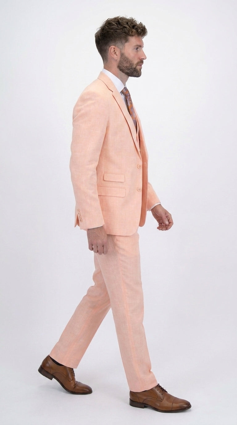 Statement Men's Peach 3 Piece Suit – Light Orange Blush Modern Fit Wedding & Summer Suit with Ticket Pocket