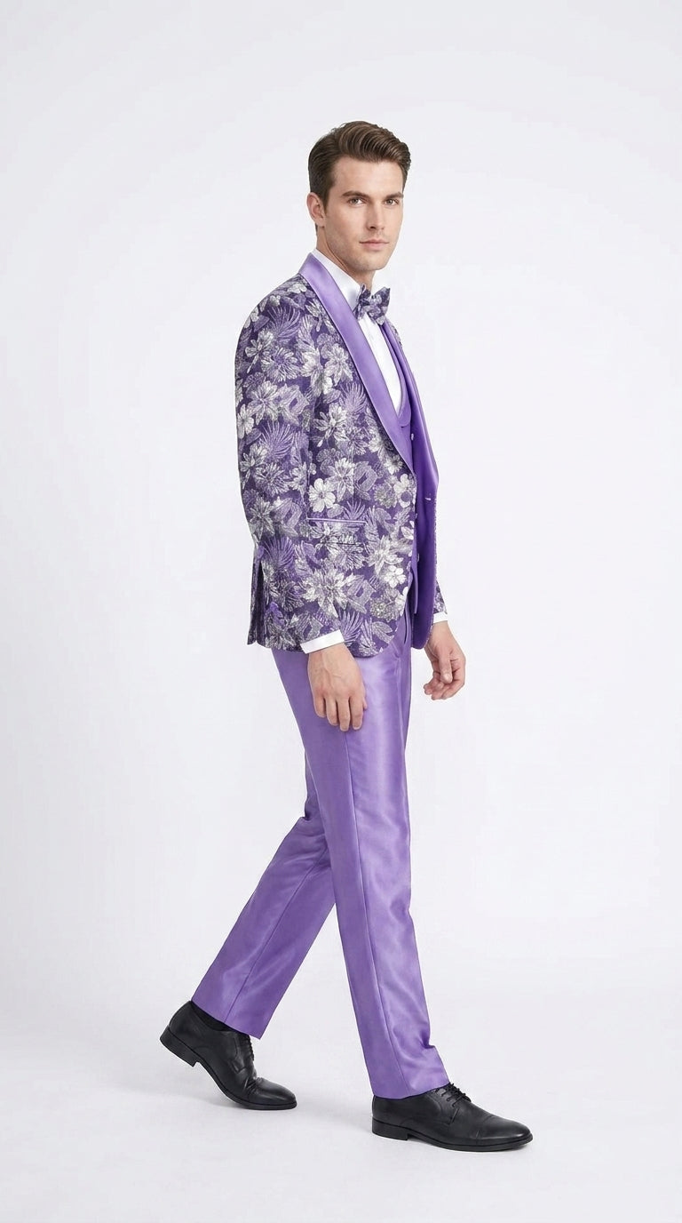 Men’s Purple Floral Prom Tuxedo – Shawl Lapel 3-Piece Wedding and Formal Suit