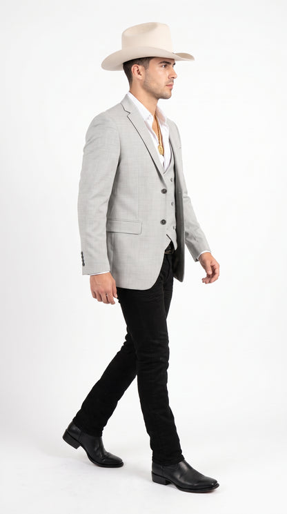 Men’s Light Gray Western Suit Blazer with Double-Breasted Vest – Modern Cowboy Formal Outfit