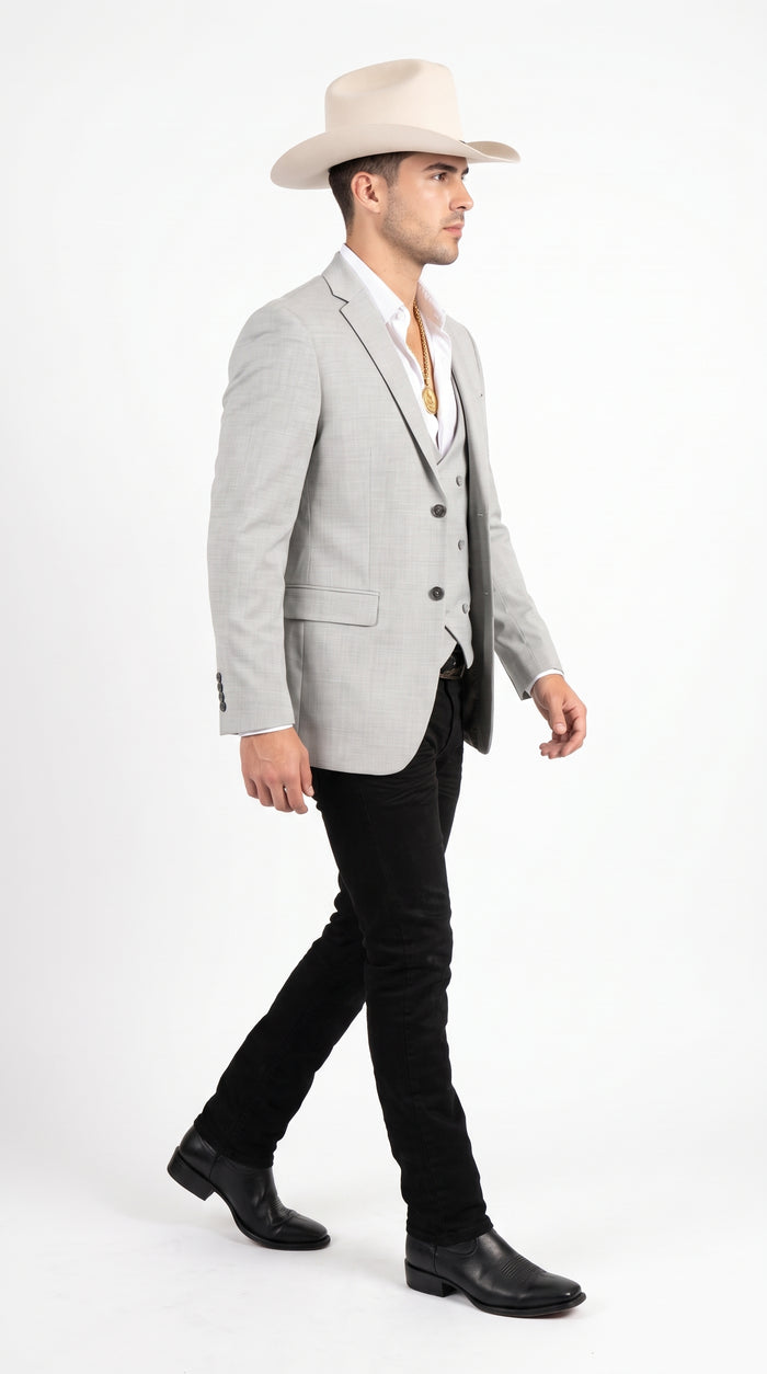 Men’s Light Gray Western Suit Blazer with Double-Breasted Vest – Modern Cowboy Formal Outfit