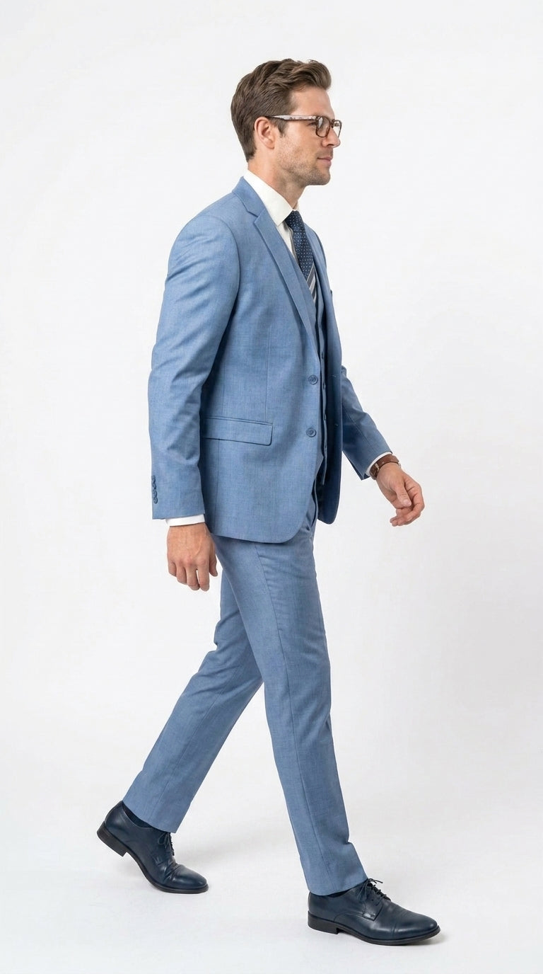 Men’s Steel Blue Sharkskin Textured 3 Piece Suit, Dusty Blue Formal Wedding Dress Suit