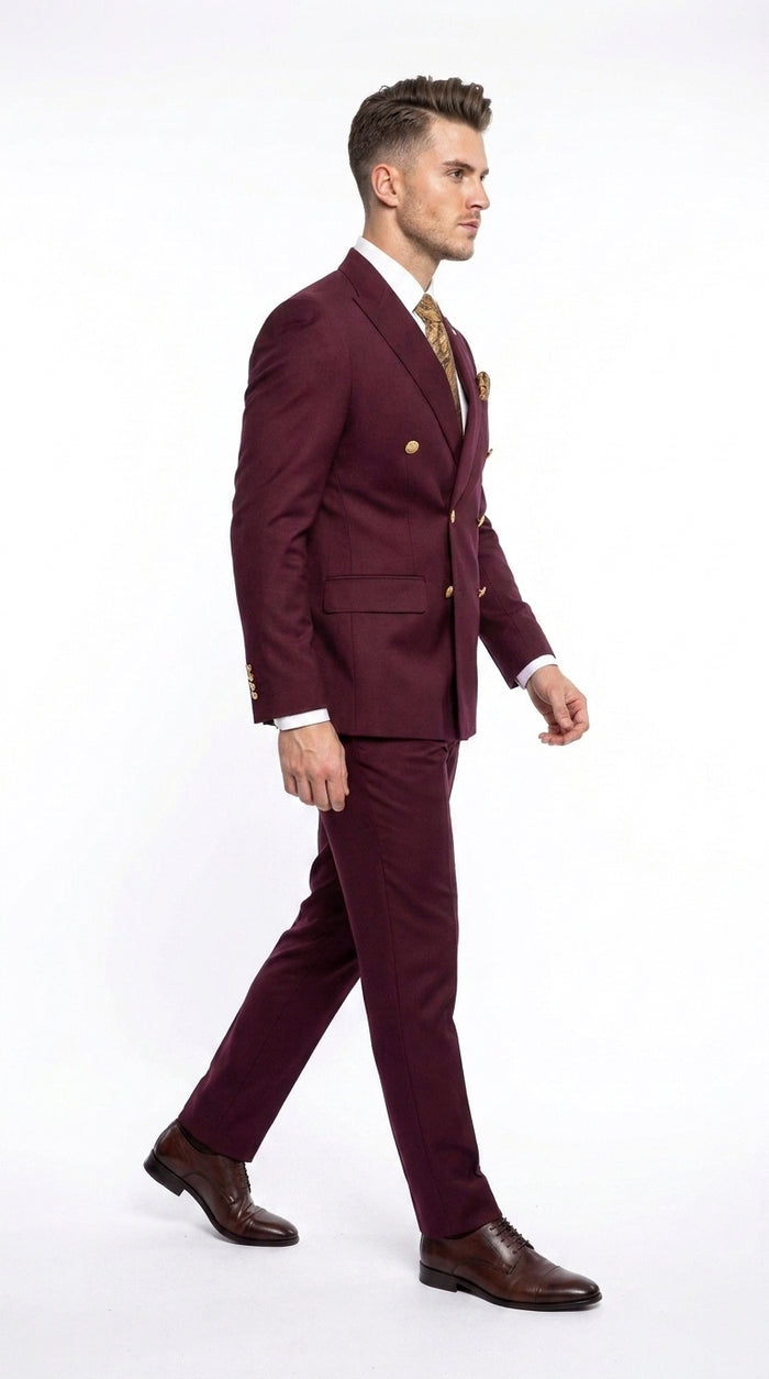 Men’s Burgundy Double Breasted Suit with Gold Buttons, Formal Wedding Prom Dress Suit