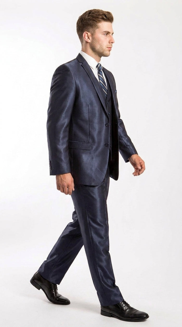 Men’s Navy Shiny Sharkskin Vested Suit, Tazio Formal Wedding Prom Dress Suit
