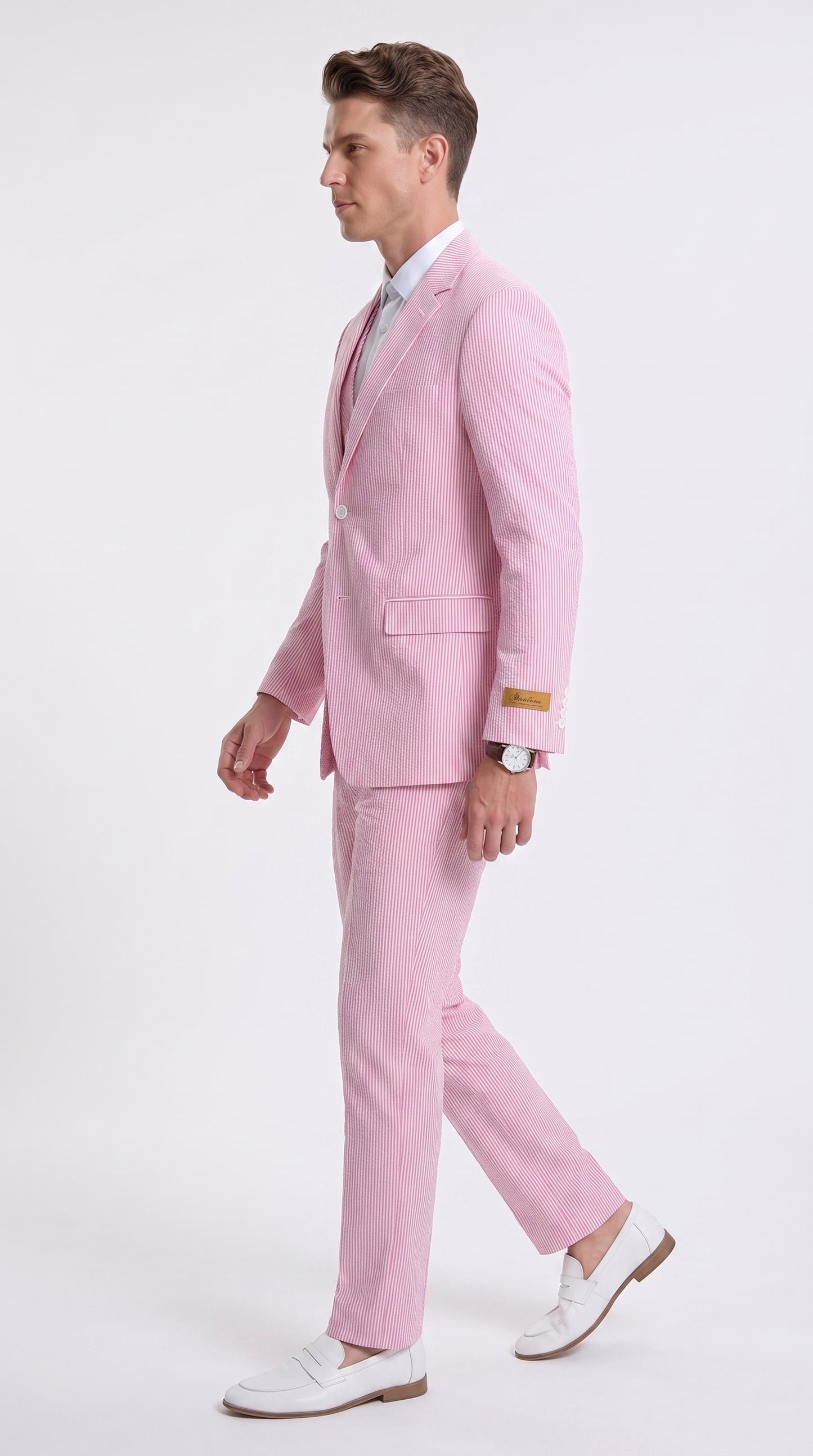 Men’s Red Pinstripe Seersucker Suit – 2 Piece Summer Suit Jacket and Pants