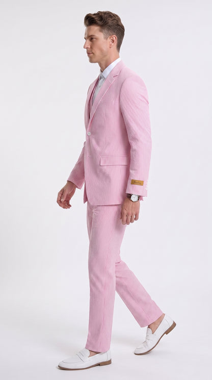 Men’s Red Pinstripe Seersucker Suit – 2 Piece Summer Suit Jacket and Pants