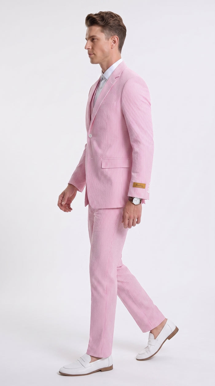 Men’s Red Pinstripe Seersucker Suit – 2 Piece Summer Suit Jacket and Pants