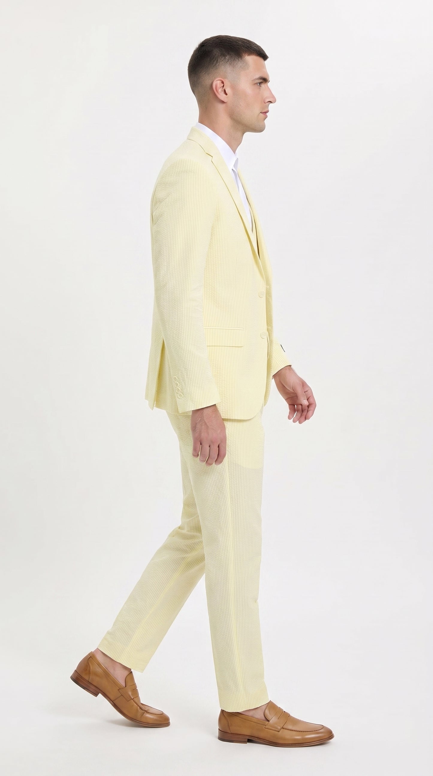 Men’s Yellow Pinstripe Seersucker Suit – 2 Piece Summer Suit Jacket and Pants