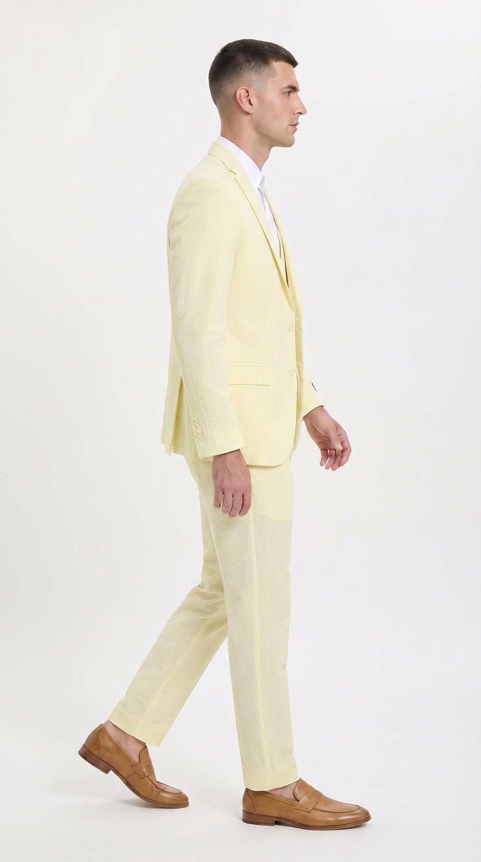 Men’s Yellow Pinstripe Seersucker Suit – 2 Piece Summer Suit Jacket and Pants