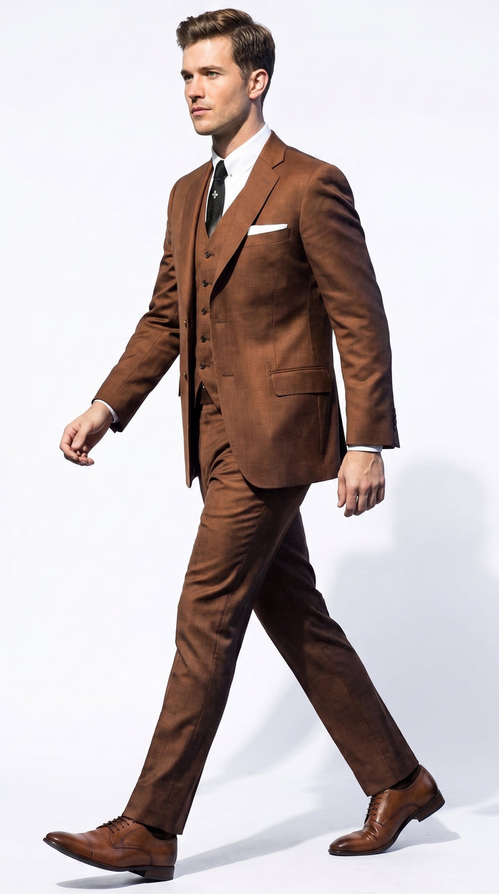 Men’s Cognac Ryan Gosling La La Land Inspired Vested Suit, 3 Piece Formal Wedding Prom Suit