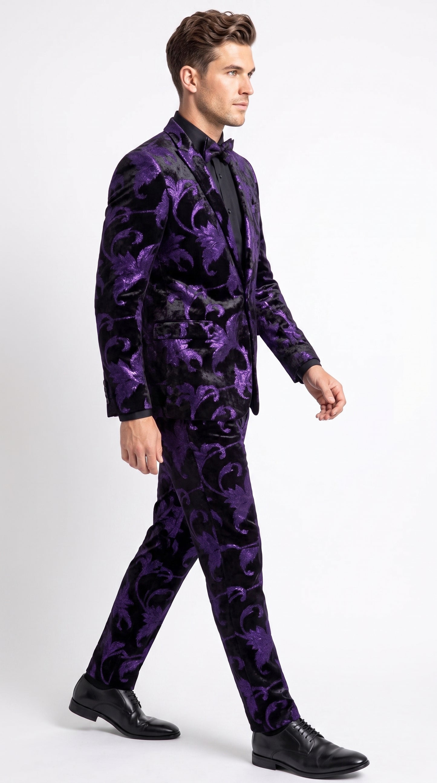 Men’s Purple and Black Paisley Tuxedo Suit – Mardi Gras Dinner Jacket with Matching Pants