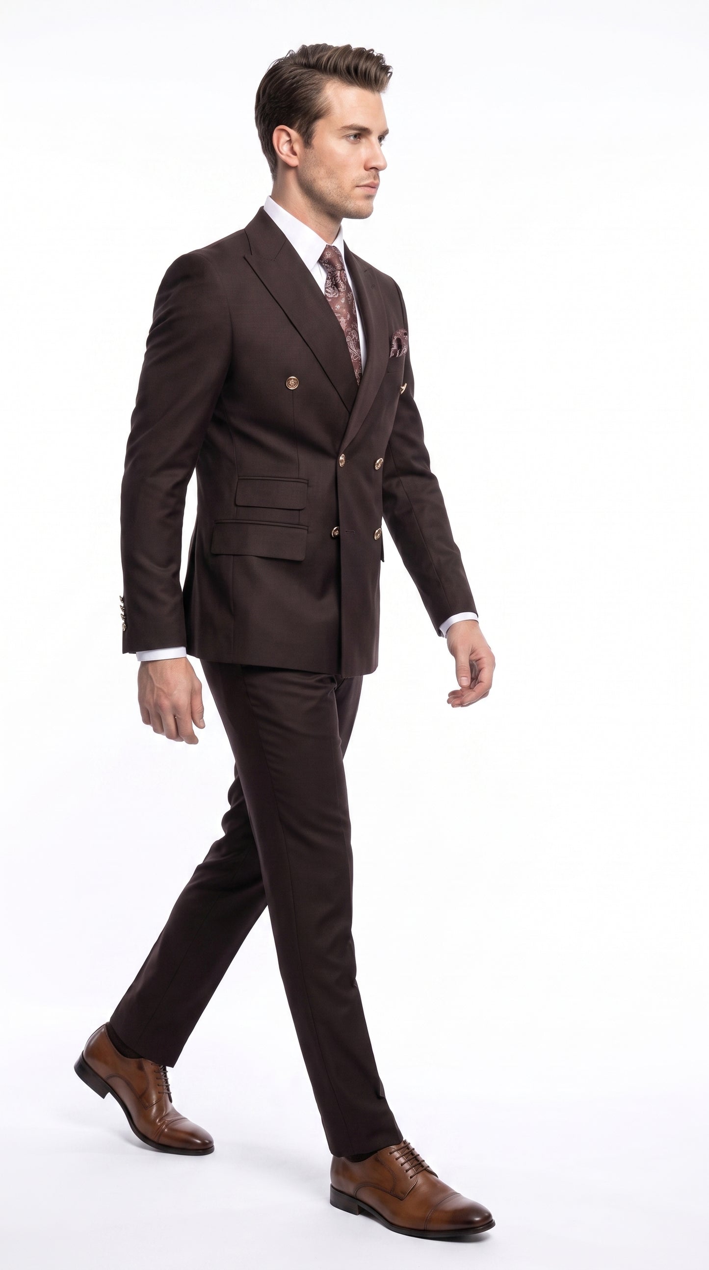 Men’s Brown Double Breasted Suit with Gold Buttons, Designer Formal Wedding Business Suit