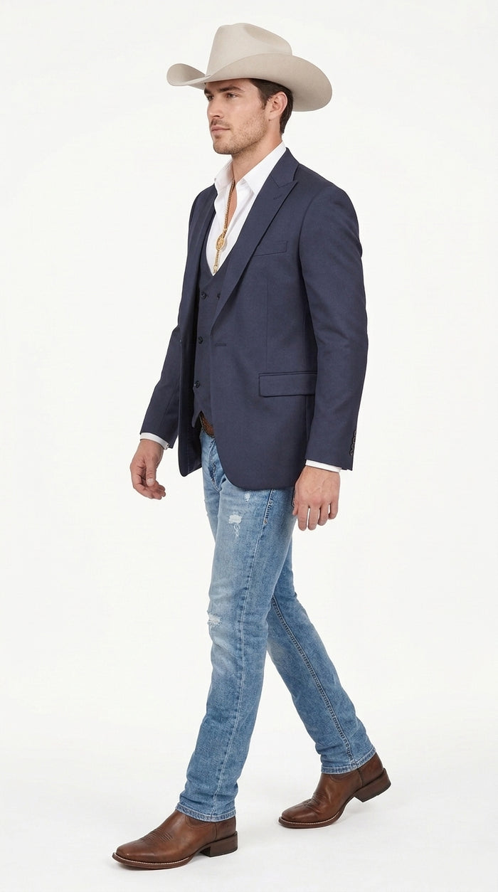 Men’s Navy Western Suit Blazer with Double Breasted Vest, Modern Cowboy Formal Outfit