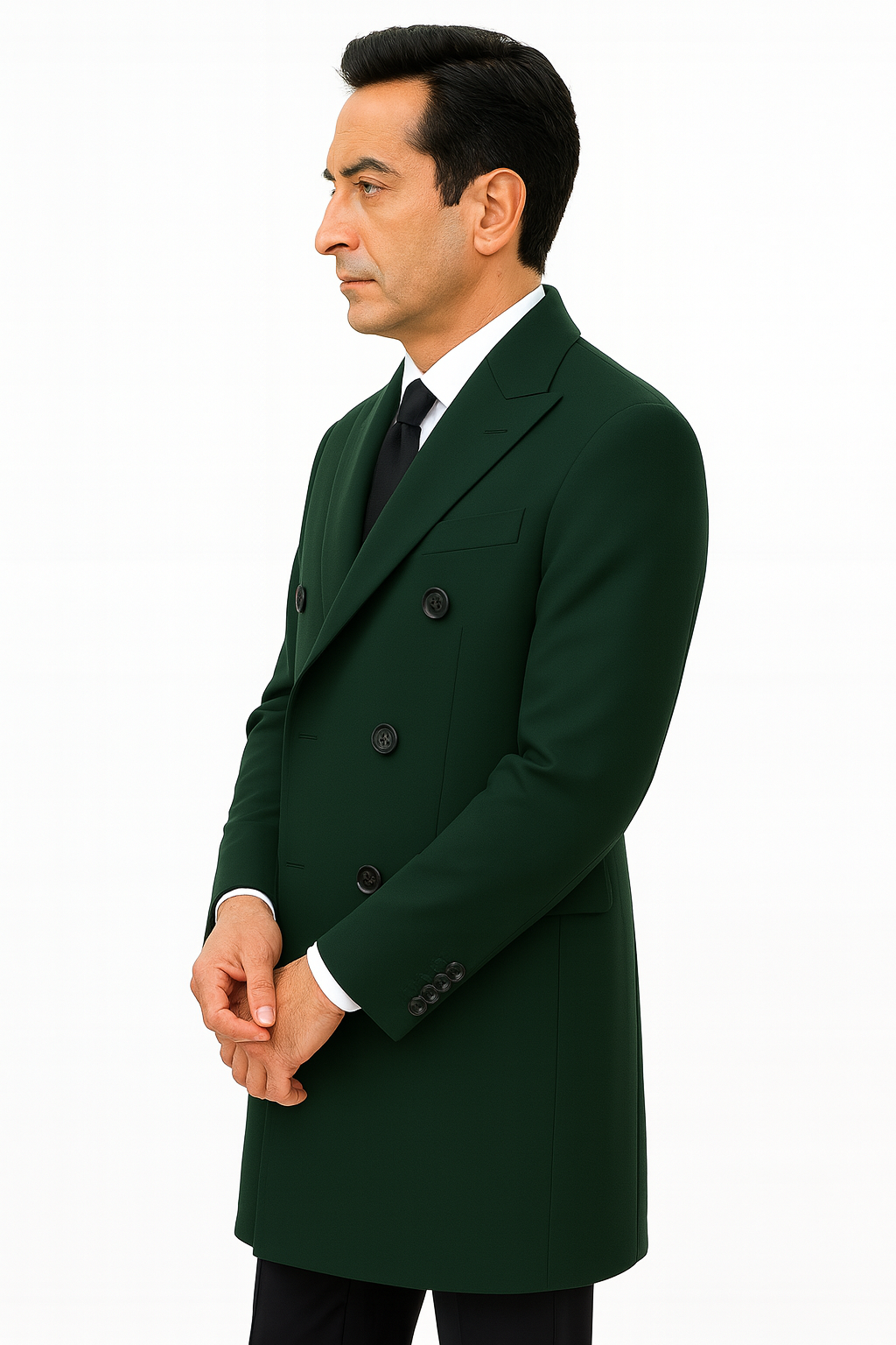 6 Button Dark Olive Green Long Overcoat Custom Prom Tuxedos