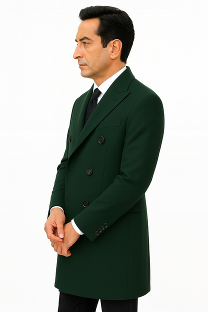 6 Button Dark Olive Green Long Overcoat Custom Prom Tuxedos
