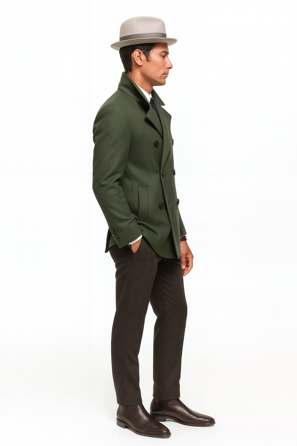 Olive Green Designer men's Wool Peacoat Sale Double Breasted Wool Fabric