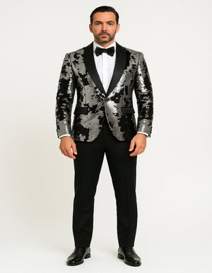 Black & Silver Gray Sequin Tuxedo Jacket for Men  Paired with Black Pants