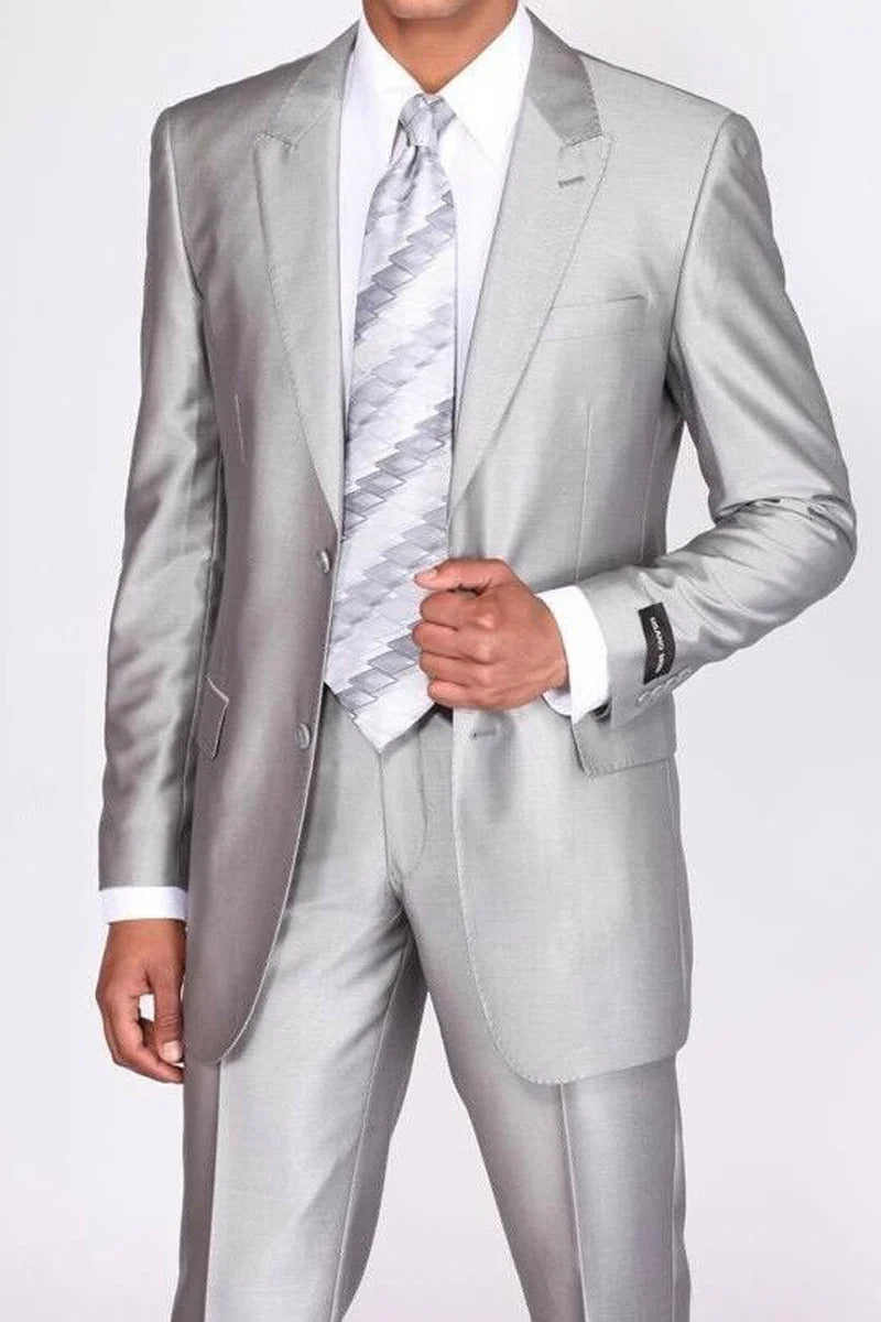 Mens 2 Button Peak Lapel Shiny Sharkskin Suit in Silver - Men's Tuxedo USA