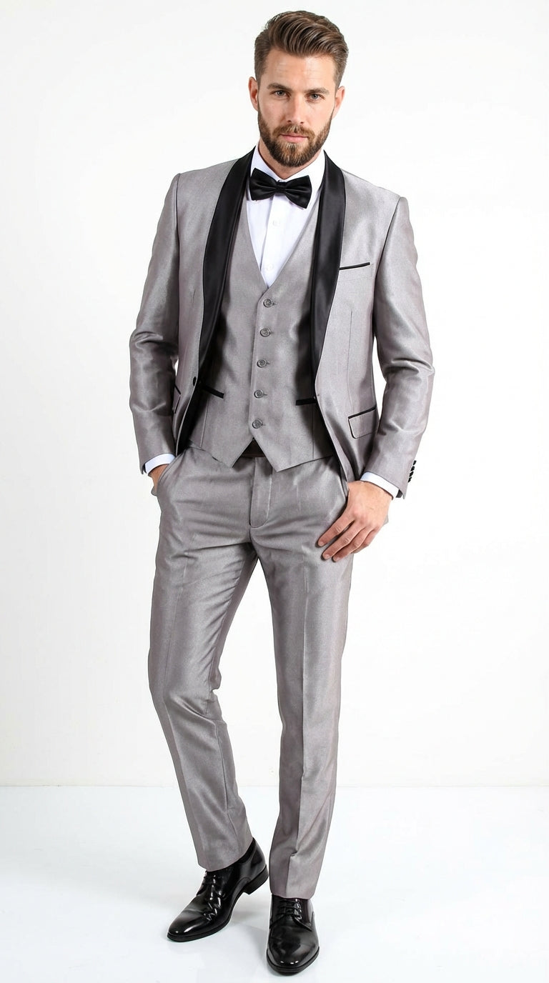 Silver Shiny Tuxedo 3 Piece Suit