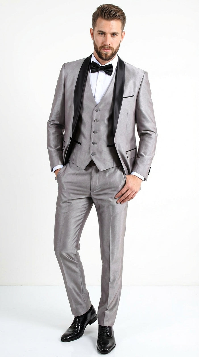  Silver Shiny Tuxedo 3 Piece Suit