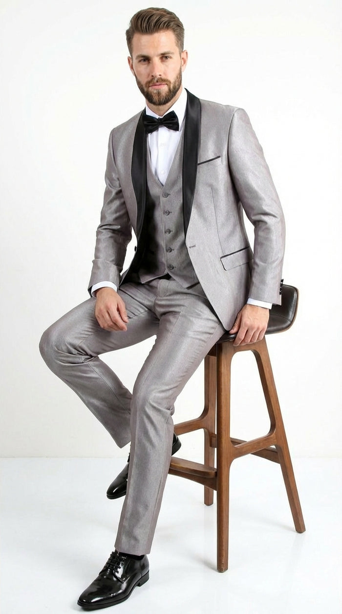  Silver Shiny Tuxedo 3 Piece Suit