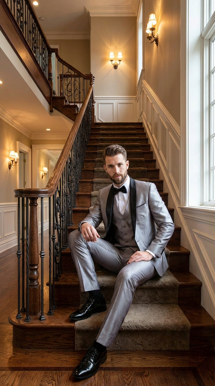  Silver Shiny Tuxedo 3 Piece Suit