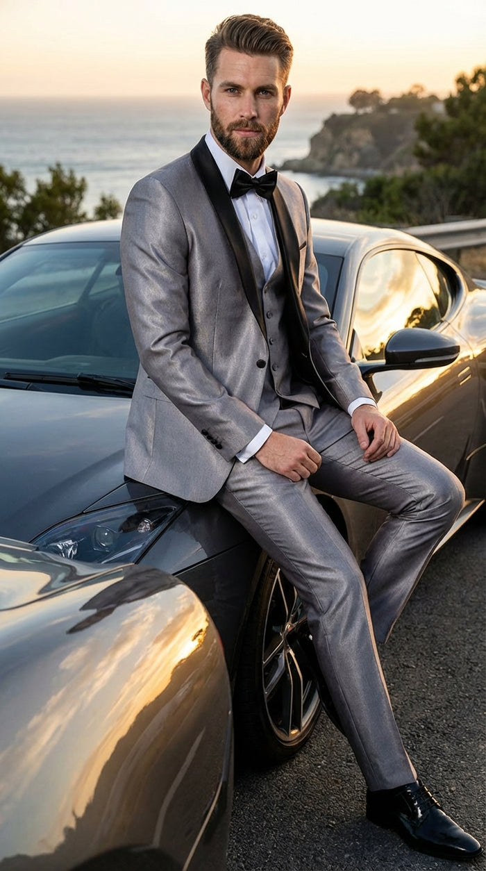  Silver Shiny Tuxedo 3 Piece Suit