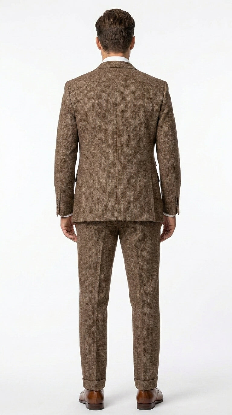 Men’s Light Brown Tweed Herringbone 3 Piece Great Gatsby Suit, Vested Vintage Wedding Formal Suit Set