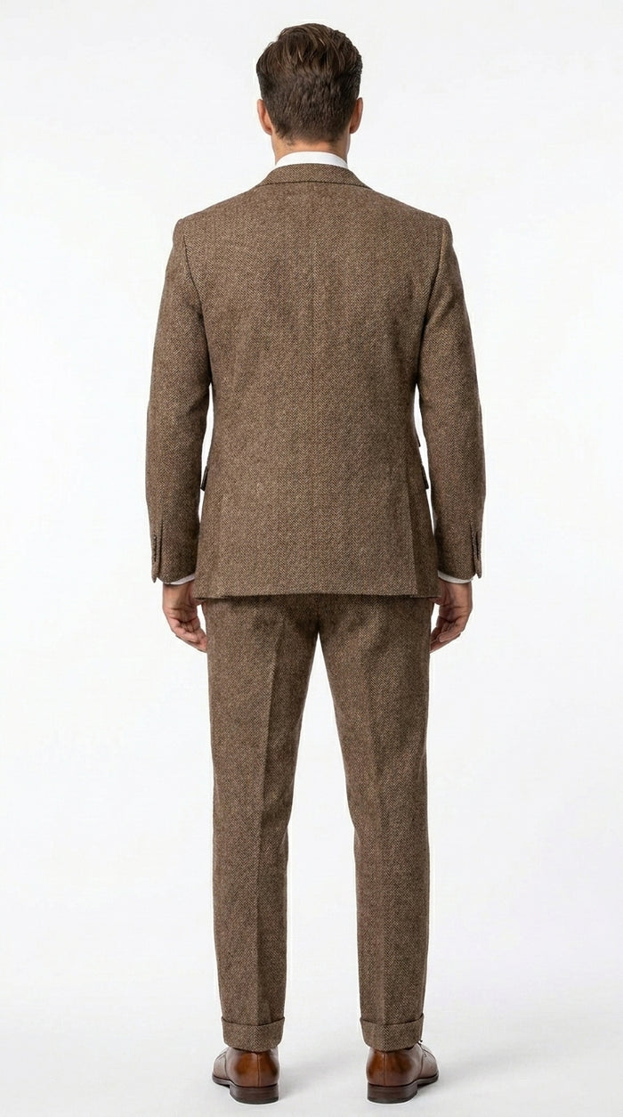 Men’s Light Brown Tweed Herringbone 3 Piece Great Gatsby Suit, Vested Vintage Wedding Formal Suit Set