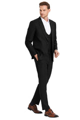 Men's One Button Double Breasted Vest Slim Fit Sharkskin Wedding Suit In Black - Men's Tuxedo USA