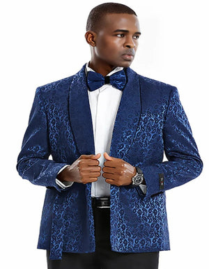 Blue Wedding Tuxedo - Men's Slim Fit Double Breasted Navy Blue Paisley Prom Smoking Jacket
