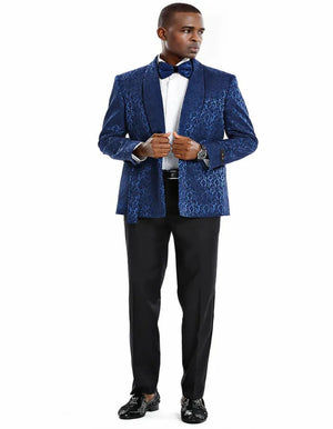 Blue Wedding Tuxedo - Men's Slim Fit Double Breasted Navy Blue Paisley Prom Smoking Jacket