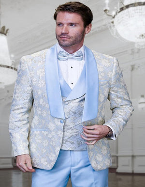 Blue Prom Suit - Blue Homecoming Outfits For Guys Sky Blue and Gold Floral Paisley - Men's Tuxedo USA