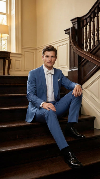 Men's Sky Blue Tuxedo Suit with Shawl Lapel, Formal Wedding and Prom Dinner Jacket Set - Steel Blue Color