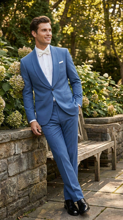 Men's Sky Blue Tuxedo Suit with Shawl Lapel, Formal Wedding and Prom Dinner Jacket Set - Steel Blue Color