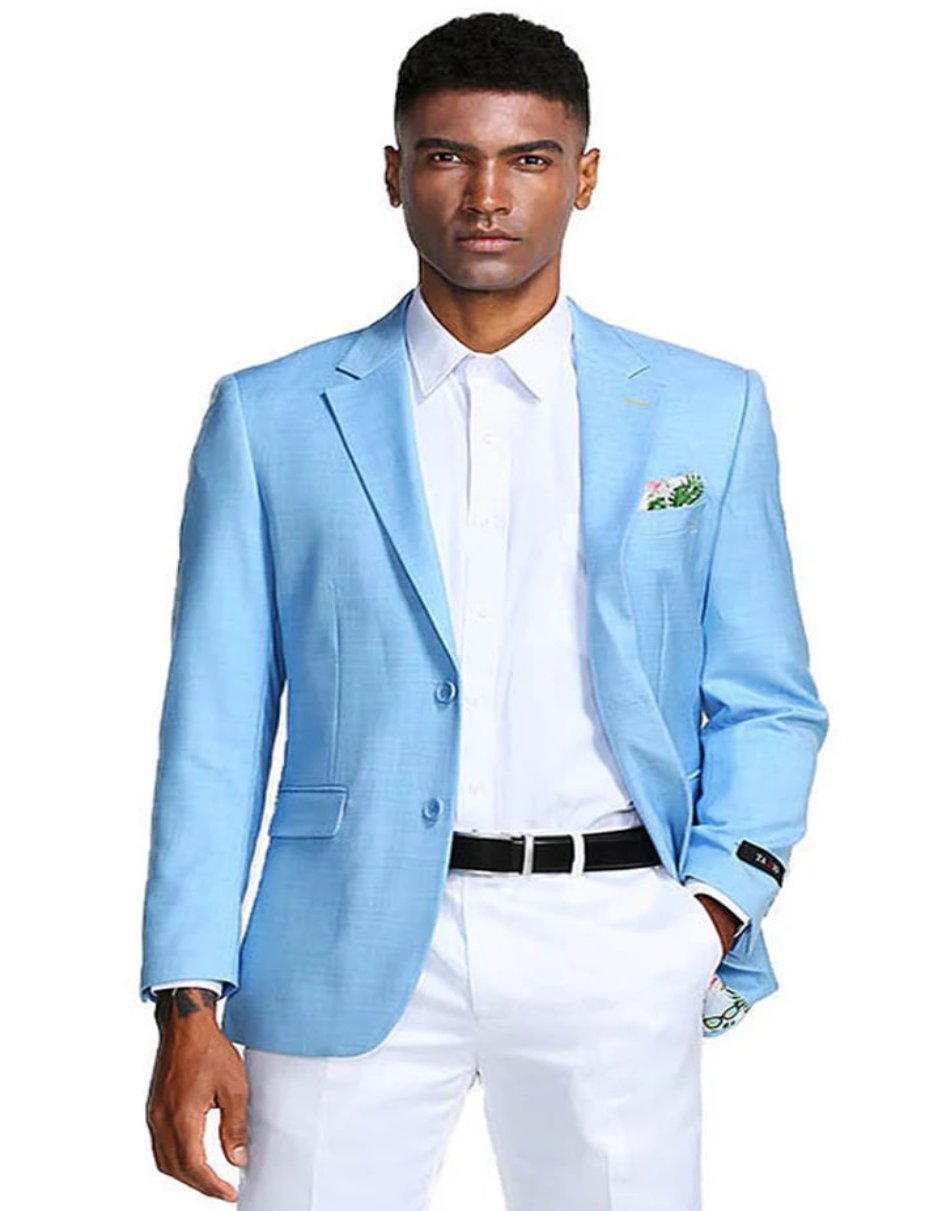 38 Men's Two Button Slim Fit Linen Style Summer Sky Blue Blazer