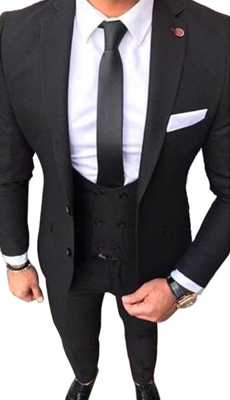Men’s Black 2 Button Suit with Double Breasted Vest, White Shirt and Black Tie Formal Set