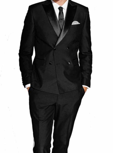 Mens Slim Fit Double Breasted Wool Suit with 4 Buttons
