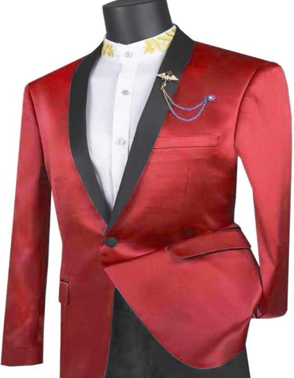 Mens Slim Fit One Button Shawl Label Shiny Satin Tuxedo Jacket in Red